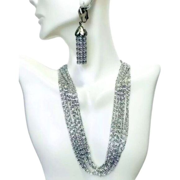 Sarah Coventry Silver Tone Layered Chain Necklace Tassel Earrings Set 16" - Picture 1 of 7